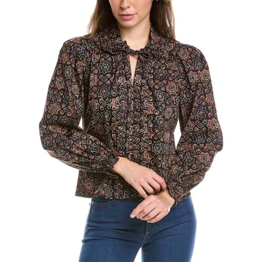 NEW Walter Baker Cameron Mosaic Top XL Brown Front Tie Pleat Collar Flounce Cuff